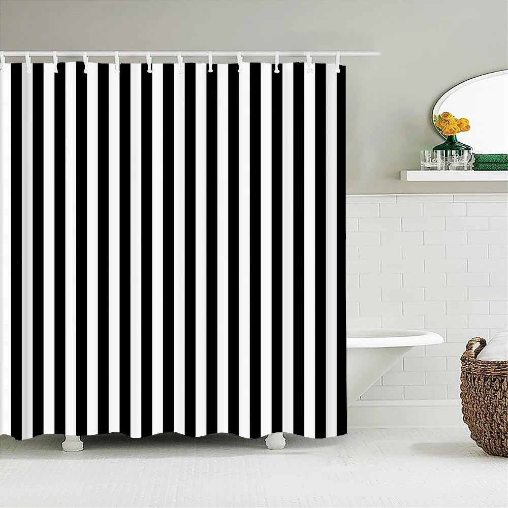 Cortina de Ducha 240 x 200 cm Rayas Blancas y Negras para Baño, Diseño de Rayas Geométricas Creativas, Moderna, Sencilla, Impermeable, de Poliéster, con Ganchos, 240 x 200 cm (1 Paneles).