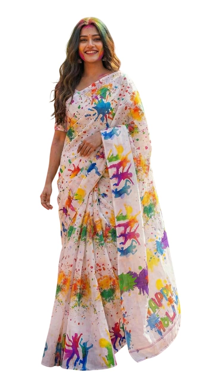 Pujia Mills Woman's Linen Holi Special Solid Digital Printed Vibrant Colorful Saree with Unstitched Blouse Piece White