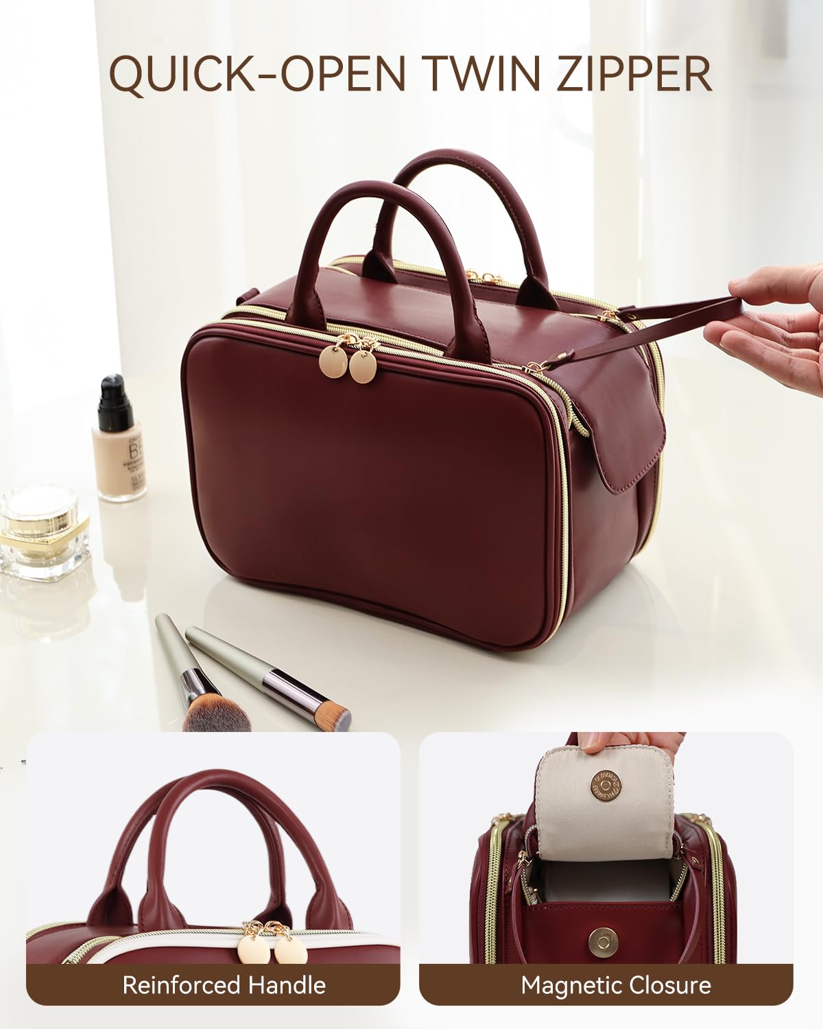 Prite Beauty case da donna, grande capacità, impermeabile, da viaggio, borsa da toeletta aperta e piatta, con supporto per pennelli e manico autoportanti, Borgogna, Large, moderno