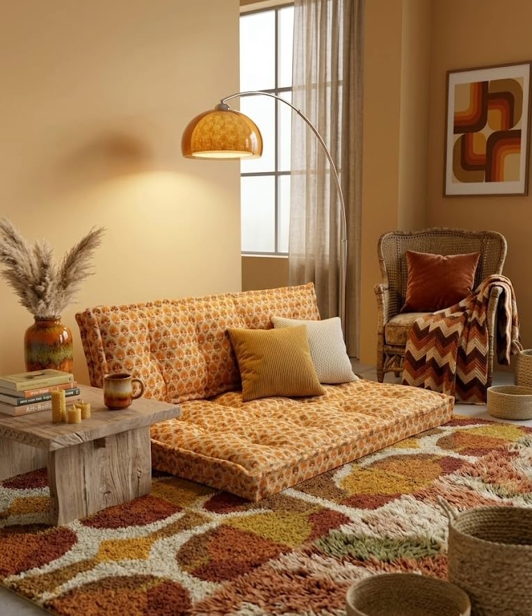 Image of ASHEVILLE Orange Floral Print No Wood Modular Sofa | Low Floor Seating, Corner Cushion Chair, Modular Lounge Furniture| Handcrafted| Printed Cotton Upholstery Sofa| Set of 2 Pcs| 80x120x12 cm
