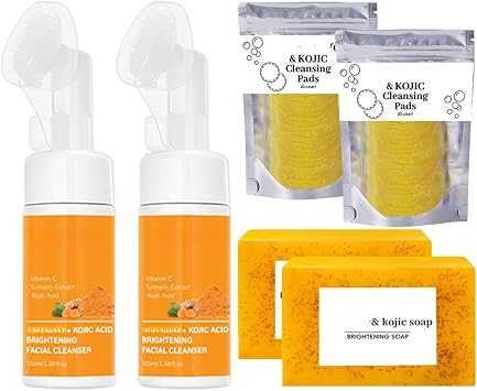 Turmeric Face Wash Set 3 Pieces 20 Termeric Cleansing Pads, 100 ml, Turmeric Facial Wash Mousse 3.5 oz 100 g Exfoliating, Moisturizing, Oil Control Brightening Skin Care, Facial Cleansing Care for