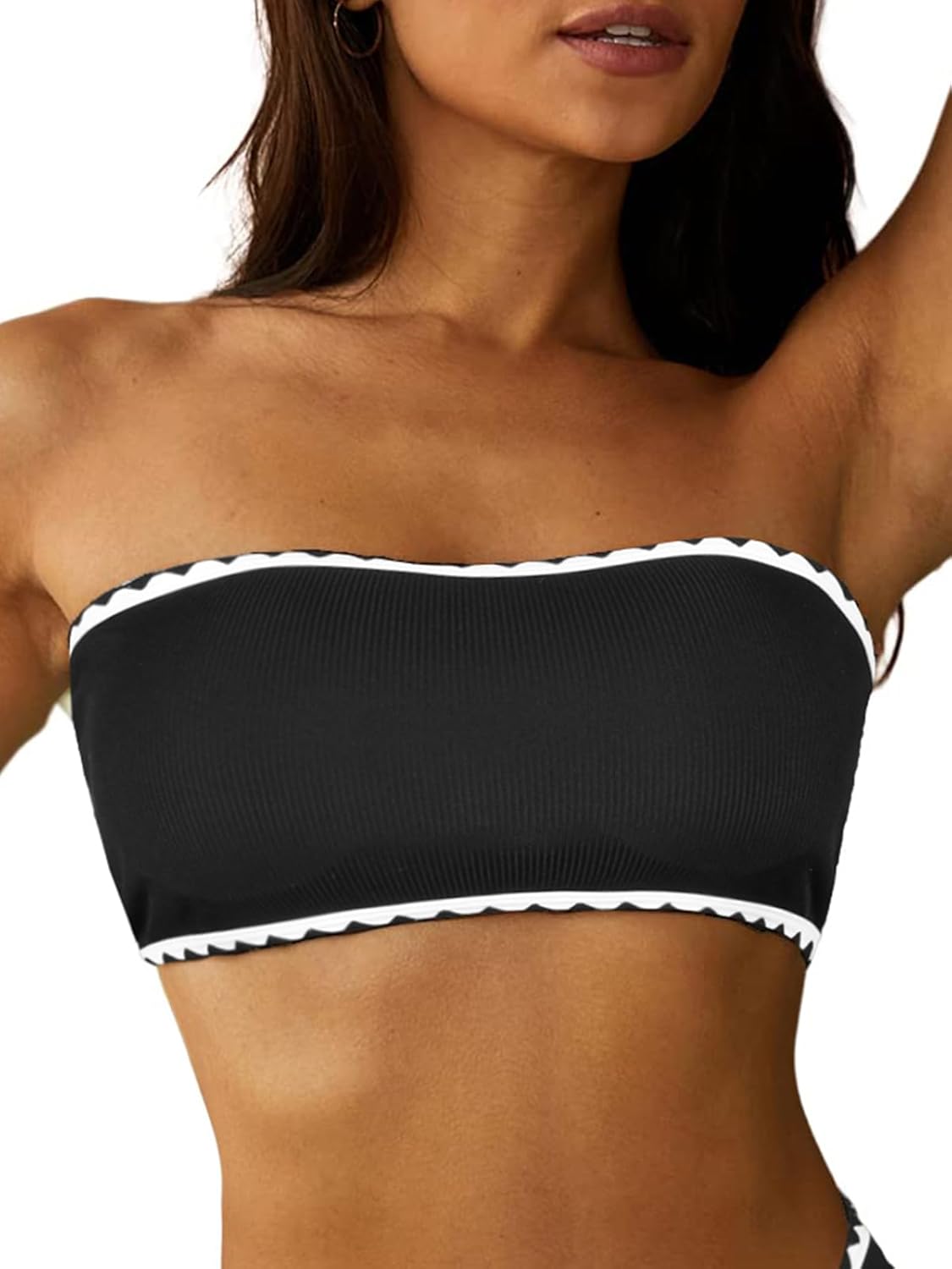 ZAFUL Women Textured Bandeau Bikini Top Lace up Strapless Swimsuit Solid Color High Cut Bathing Suits Top Only