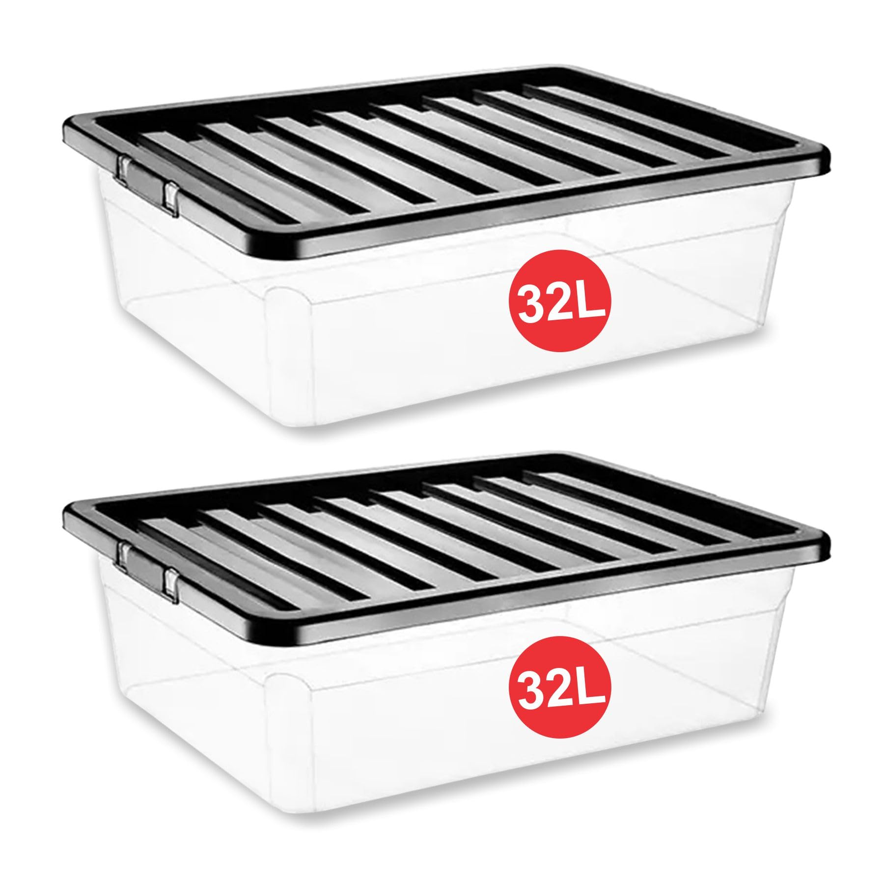 Relianceuk Clear 32 Litre Plastic Storage Box With Lid Under Bed - Nestable, Stackable, Durable Underbed Large Containers For Home And Office - (32L / 2 Pack) Plastic Boxes Made In U.k.