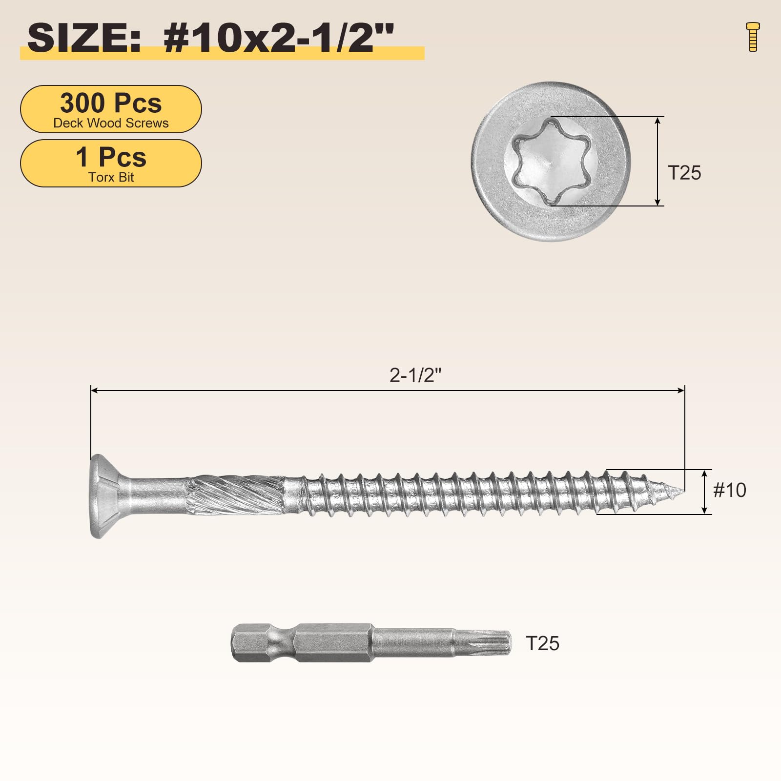 METALLIXITY Deck Screws (#10x2-1/2") 300Pcs, 410 Stainless Steel Wood Screw Decking Screws with T25 Torx Drive Head - Image 2