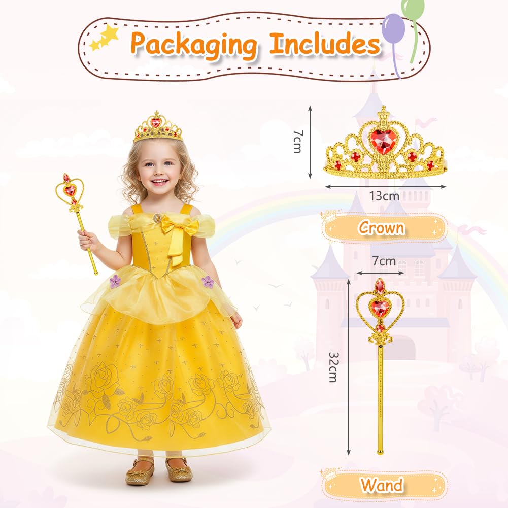 Belle Costume, Ragazze La Bella e La Bestia Costumi, Principessa Belle Vestito con Corona e Bacchetta, Bambina Bella Set per Cosplay Natale Festa Halloween, 120