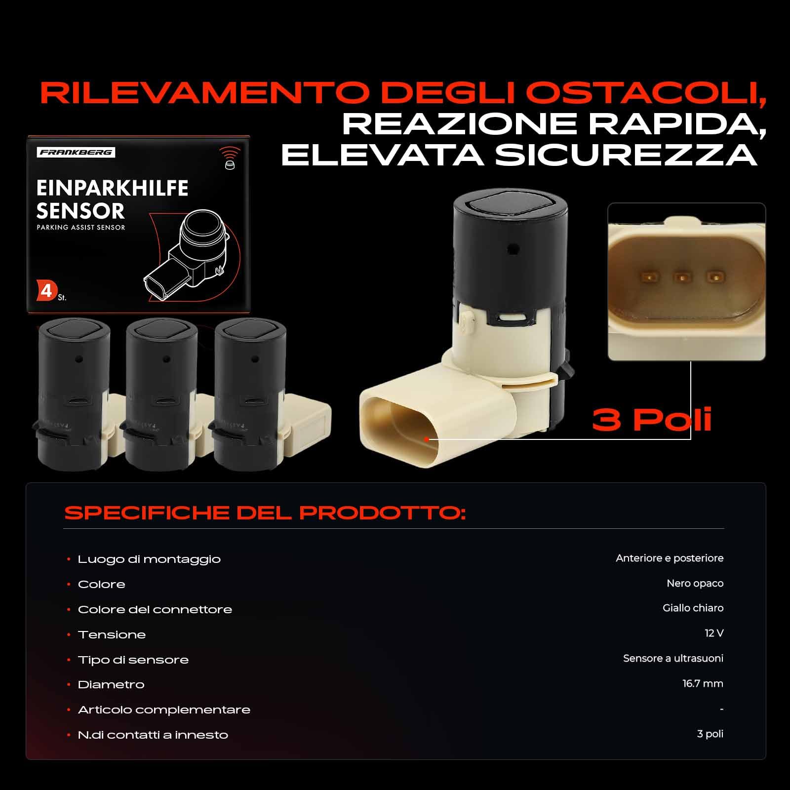 Frankberg 4 sensori di parcheggio anteriori e posteriori 7M3919275A | Compatibile con: P.a.s.s.a.t Variant 3B5, A.l.h.a.m.b.r.a 7V8 7V9, P.a.s.s.a.t Variant 3B6, S.h.a.r.a.n 7M6 7M8 7M9