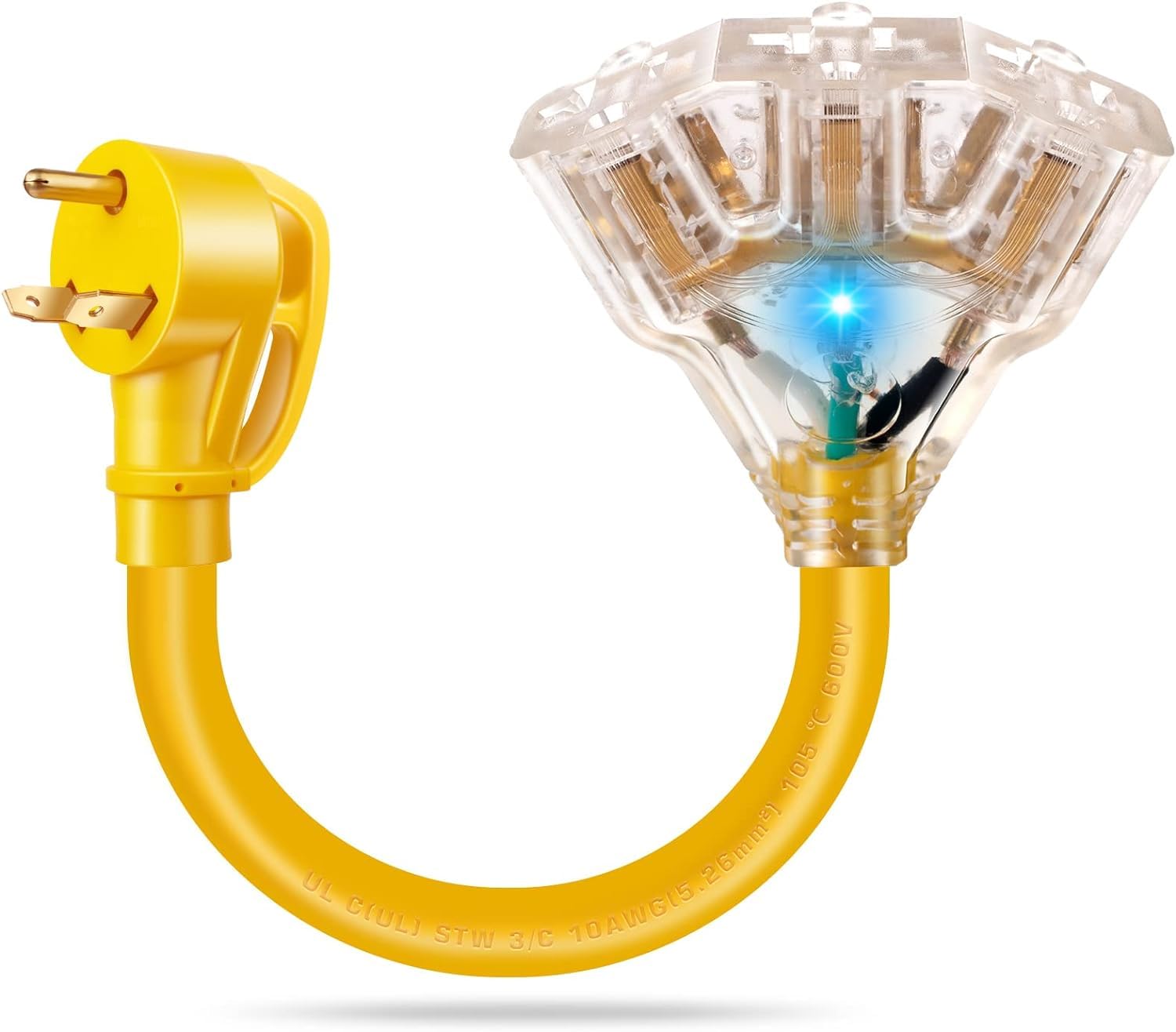 JIUWFOX 30 Amp to 110V 20 Amp RV Plug Electrical Adapter, NEMA TT-30P Male to 3x5-15R/20R Household Outlet Female with LED Power Indicator Light 3 Way