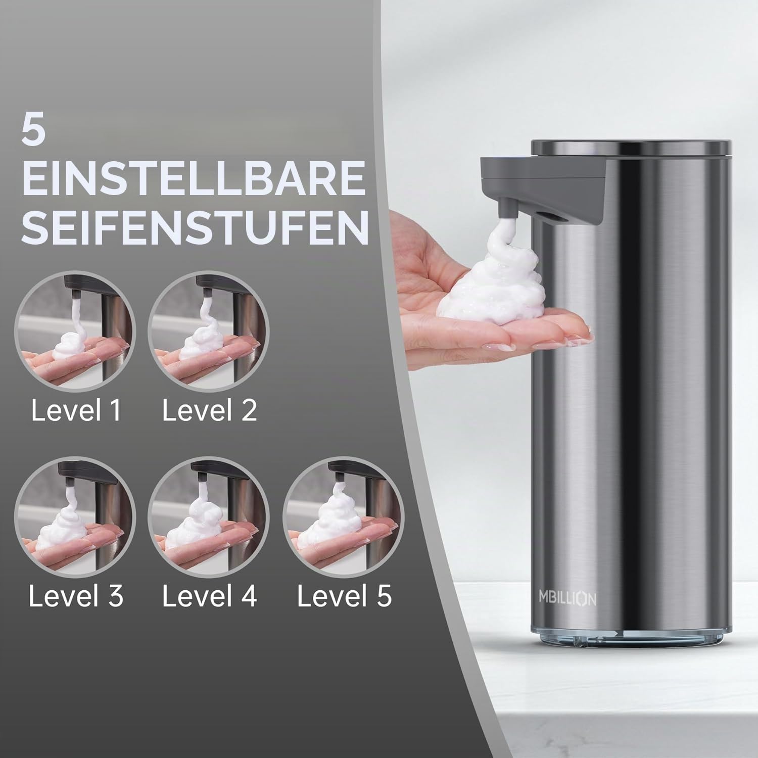 Mbillion Automatischer Seifenspender Berührungsloser Schäumender Seifenspender USB Wiederaufladbarer Spender Elektrisch 5 Stufen Einstellbare Schaumseifenspender Pumpe für (Silberfarben)