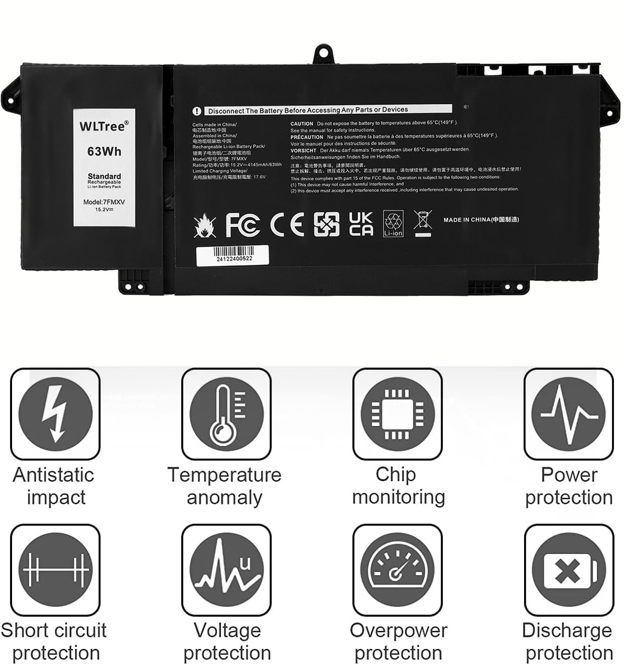 15.2V 63WH 7FMXV Batteria per Dell Latitude 5320 7320 7420 7520 13 5320(2-in-1) Series TN2GY 0TN2GY 9JM71 4M1JN 1PP63 727CG HDGJ8 0HDGJ8 MHR4G CN-0727CG CN-0TN2GY Notebook Battery