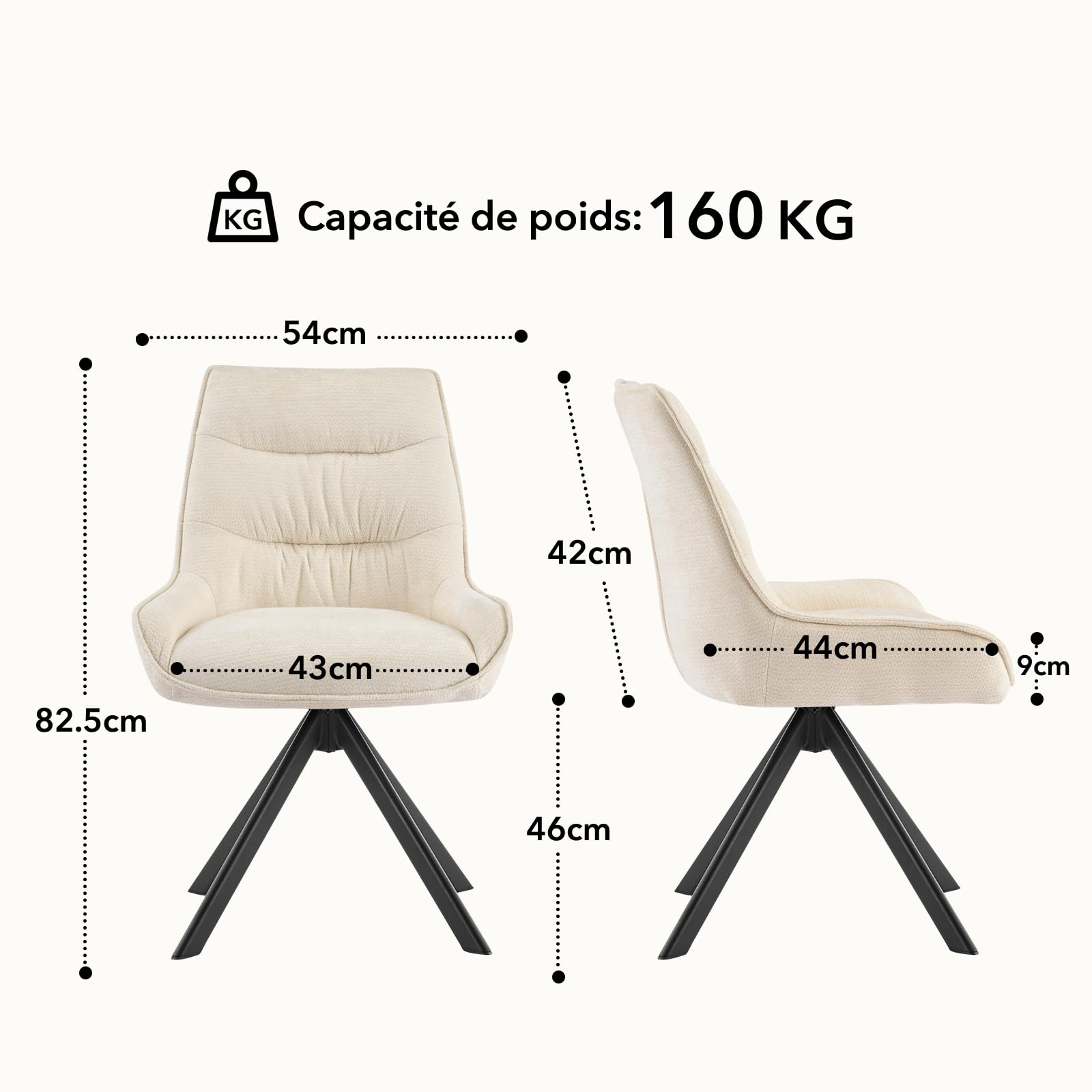 Chaises Pivotante Salle à Manger à 360° Lot de 2, Chaises Fauteuil Salle à Manger, Chaise de Cuisine Rembourrées en Tissu Chenille pour Chambre à Coucher Cuisine Salon, Beige