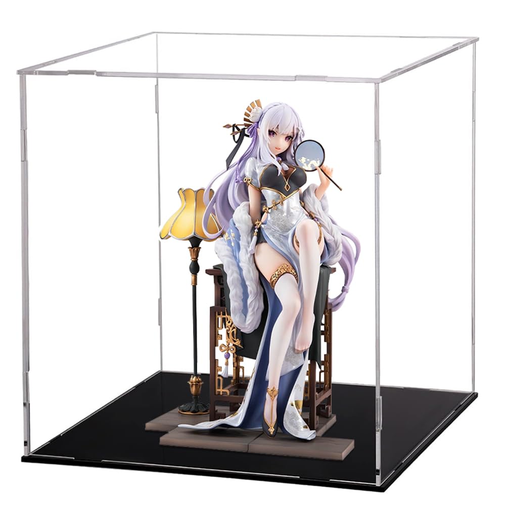 Anime Re:0 Emilia Figure with Acrylic Clear Display Case Cheongsam Model Figure Statue PVC Model Collectable Decorations Gifts 20*20*25cm