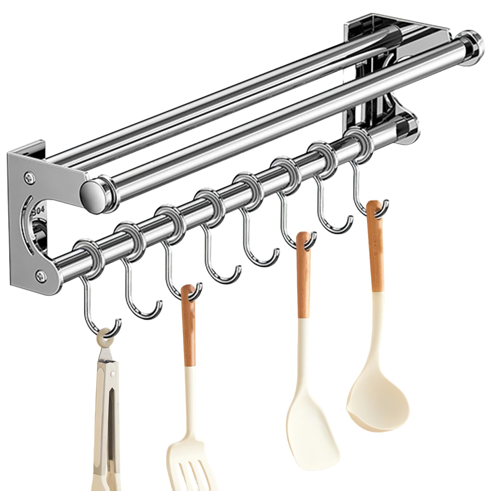 Edelstahl Schneidehalter mit Haken - Küchenschiene Organizer Wand | Bohrfreie Aufhängestange für Utensilien, Schöpfkelle, Schneebesen, Zangen | Backwerkzeugregal für Vorrat