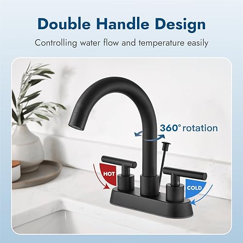 Miniatura 10 de Cinwiny Grifo de baño central de 4 pulgadas con varilla de elevación, tapón de drenaje de níquel cepillado, doble mango, 3 agujeros, grifo de lavabo