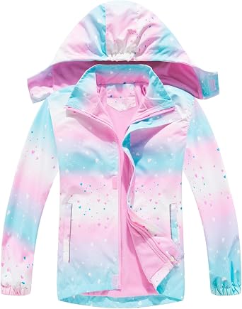 Girls Waterproof Jacket Kids Rain Jacket Windproof Hiking Raincoat Windbreaker Waterproof Coats with Fleece Lining Outdoor Walking Jacket Age 3-12