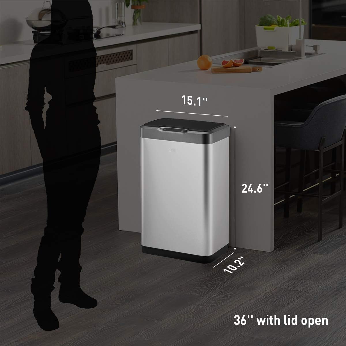 Best Cyber Deals 🔥 EKO Mirage-T 50 Liter / 13.2 Gallon Touchless Rectangular Motion Sensor Trash Can, Brushed Stainless Steel Finish