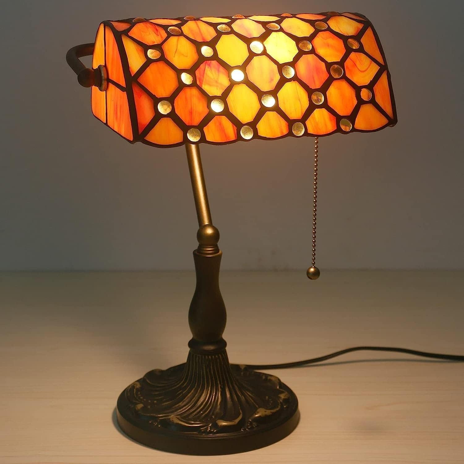 Bankiers Tischlampe, farbige Glaslampe, Kristallperlenschreibtischlampe, Schlafzimmer in der Nacht Leselampe (orangefarbener gelber Glasperlenschatten) Innovate