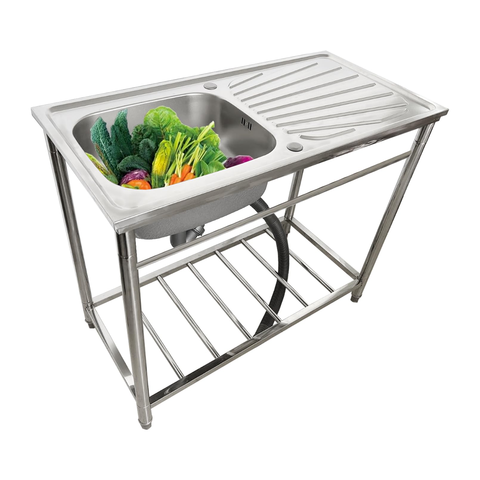 Évier en Acier Inoxydable autoportant, Poste de Travail de Cuisine, évier de préparation Multifonctionnel avec étagère de Rangement et Robinet, lavabo pour buanderie, Garage, jardi