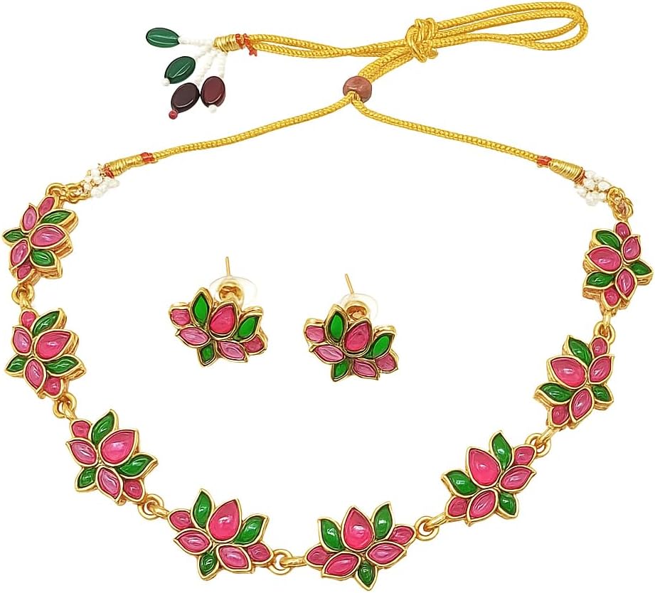 Adc fashions Antique Stone Jewellery Set for Women, Choker Necklace for Women with Flower Design, Multicolour