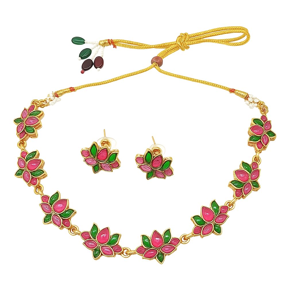 Adc fashions Antique Stone Jewellery Set for Women, Choker Necklace for Women with Flower Design, Multicolour