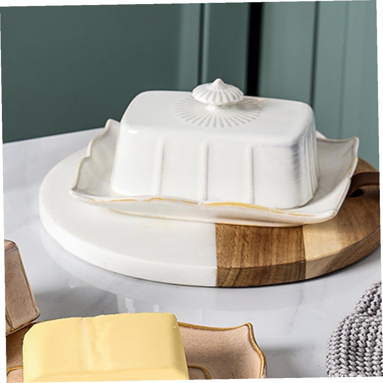 Beurrier Céramique Blanc Couvercle, Plateau à Beurre Pratique Conservation des Aliments, Décoration Cuisine Service à Domicile