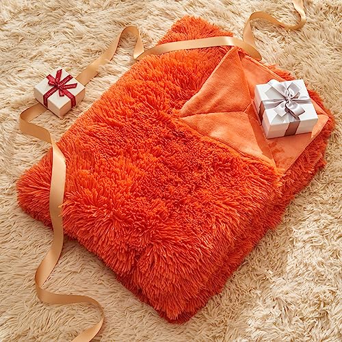 GONAAP Fuzzy Faux Fur Throw Blanket Queen Size Orange Super Soft Cozy Plush Fuzzy Shaggy Blanket for Couch Sofa Bed (Orange, Queen(90"x90"))