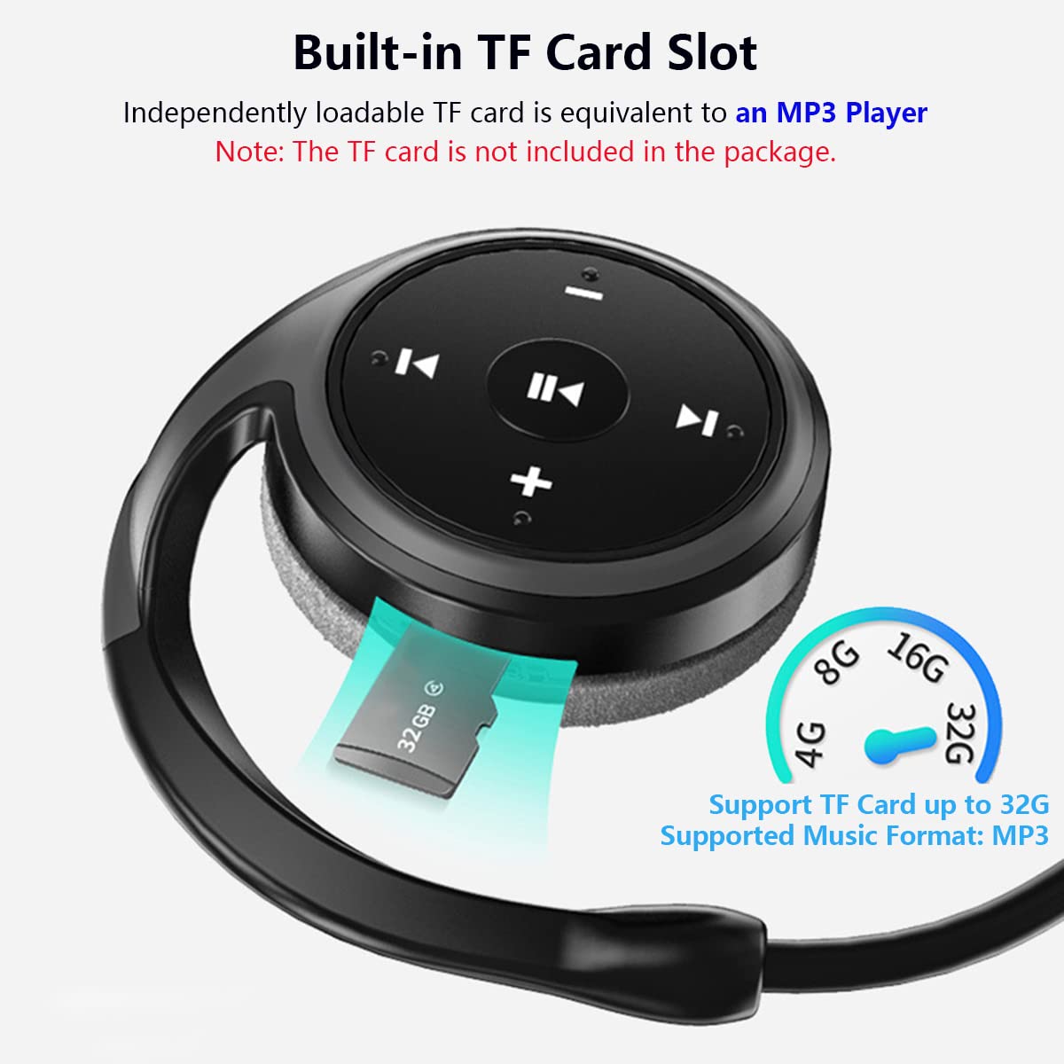 Auriculares Inalámbricos Bluetooth 5.0, Cascos Deportivos con Gancho para Oreja & Reducción de Ruido de Micrófono, Soporta Tarjeta TF y Radio FM, Auriculares Estéreo Plegables MP3 Correr Black
