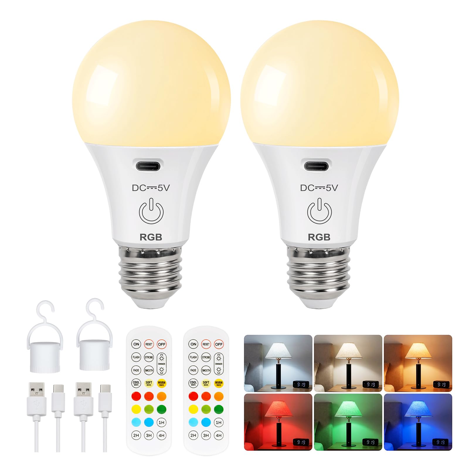 FRIDEKO HOME Rechargeable Light Bulb with Remote Control, Smart RGB Colour Changing Light Bulbs, E27 LED Dimmable Touch Control Bulbs with Timing Function, 2600mAh Battery Powered,2 Pack — image 1