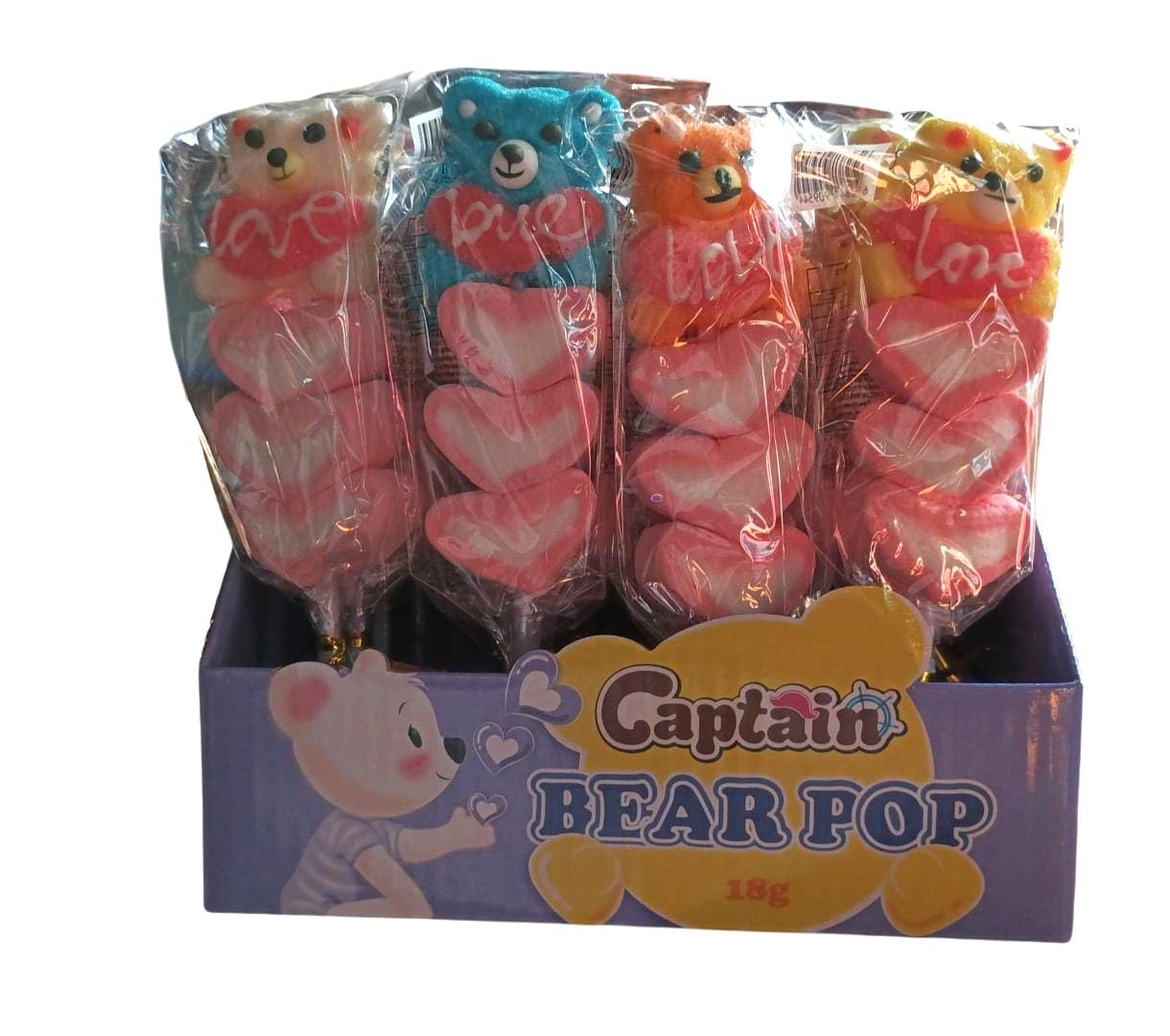 Captain Bear Pop Marshmallow Lollipops, Assorted Fruit Flavour, Each 18g, Pack of 24 Individually Wrapped (Imported)