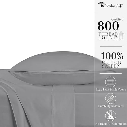 Miniatura 2 de URBANHUT Juego de sábanas de 800 hilos para cama individual (gris oscuro, 4 unidades), suave, grueso, 100% algodón, bolsillos profundos elásticos de