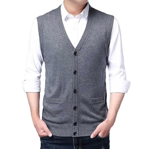 Men V Neck Knit Vest Sweater Woolen Casual Cardigan Waistcoat Business Golf Tank Tops, Medium Gray9, L