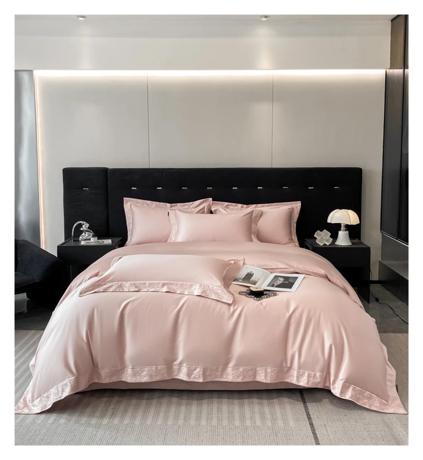 Juego de cama bordado algodón egipcio 100S funda nórdica sábana almohada rosa Queen
