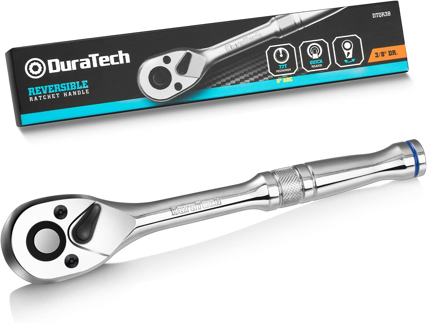 DURATECH 3/8-Inch Drive Ratchet, Quick-Release Ratchet Wrench, 72-Tooth, Reversible Switch, Full-Polished Chrome Plating, Alloy Steel
