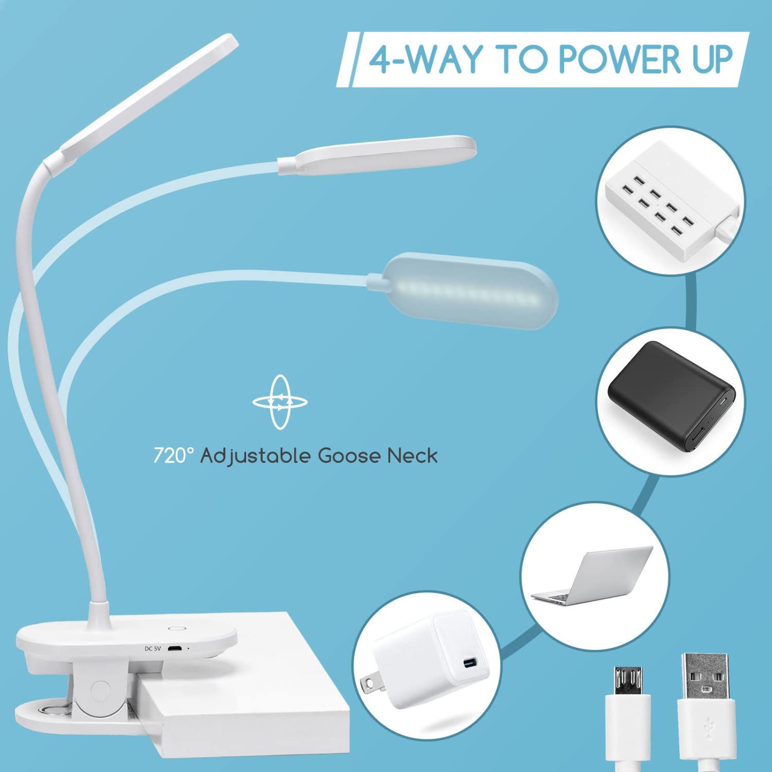 Aigostar Luz Lectura,Lámpara Lectura Pinza con 360° Brazo Flexible Regulable, Luz de Cama con Clip,3 Modos,Recargable Usb Flexo Led Escritorio 4000K Protección Ojos Colors, Blanco, 2pcs