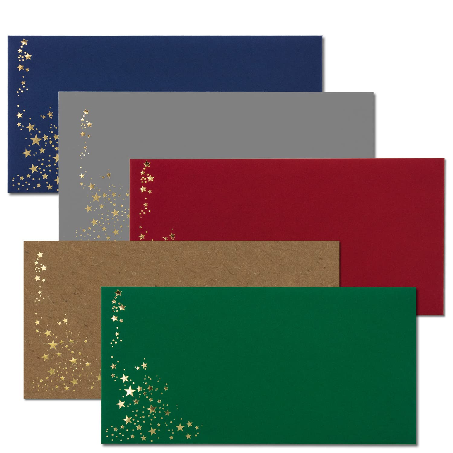 400 x enveloppen met metallic sterren, DIN C5, mix set 10, enveloppen in rood, zwart, groen, blauw en kraftpapier, met sterren in goud