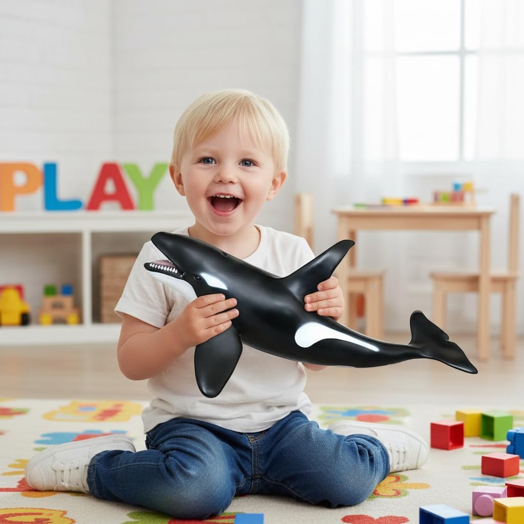 16 Inch Oversized Orca Whale Toy, Soft Rubber Filled Realistic Marine Figure, Simulated Killer Whale Model, Educational Ocean Animal Play Gift for Kids Toddlers