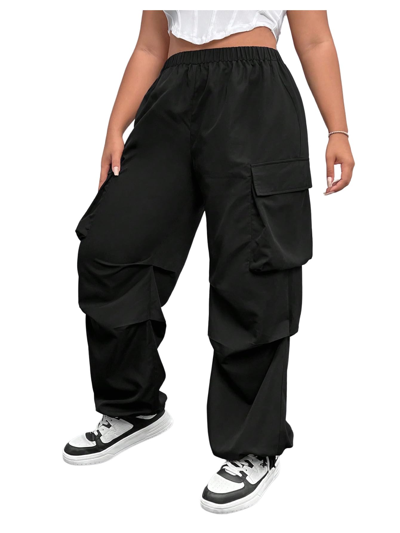 OYOANGLE Womens Cargo Pants Elastic Waist Flap Pocket Ruched Y2K Parachute Trousers Workout Joggers