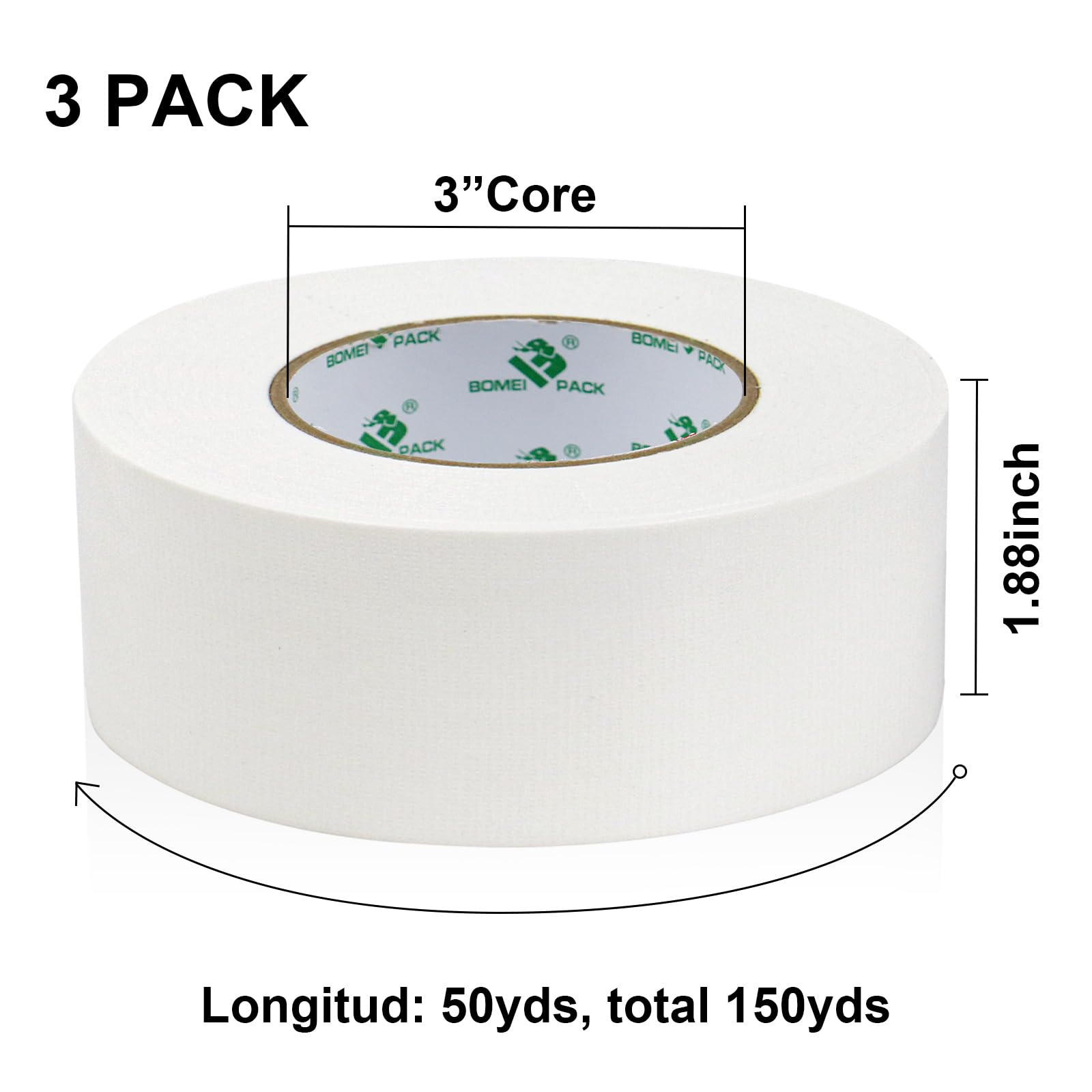 BOMEI PACK Cinta americana blanca profesional, 50 mm x 50 m, cinta impermeable de tela para reparaciones, manualidades, uso en interiores y exteriores - 3 Rollos