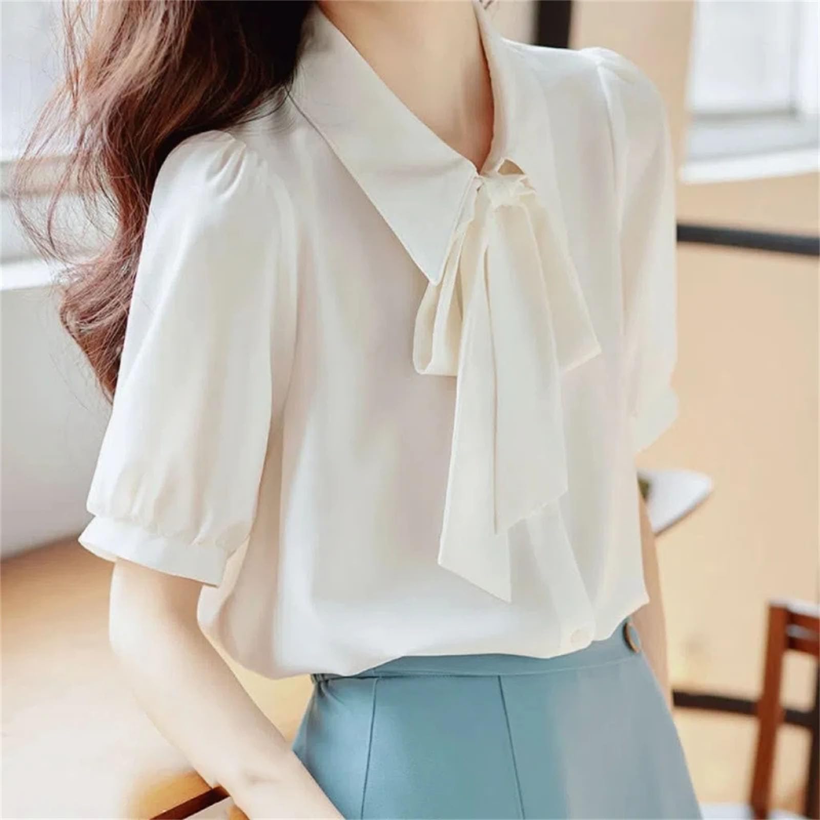 Camicetta patchwork con fiocco in chiffon bianco manica corta sciolto solido camicia da ufficio top abbigliamento casual da donna