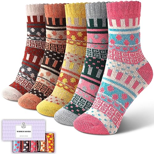Image of ICEIVY Womens Socks 5 Pairs Wool Warm Cotton Thick Vintage Casual Winter Cabin Crew Fuzzy Socks Gifts For Women