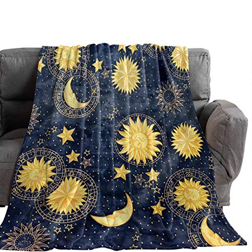Flannel Fleece Throw Blankets, Boho Chic Golden Sun Moon And Stars Blue Black Sky Antique Style Decorative Blankets, Lightweight Super Soft Luxury Cozy Blanket For Stadium Couch Bed Sofa Chair #TOP1