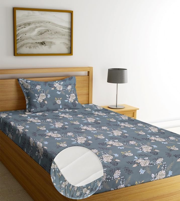 Image of Blue Strip 220TC Glace Cotton Elastic Fitted Floral Bedsheets Single Bed with 1 Pillow Cover | Single Bed with All Around Elastic, Size 42 X 75 Inches (Gulab Grey), Small Single