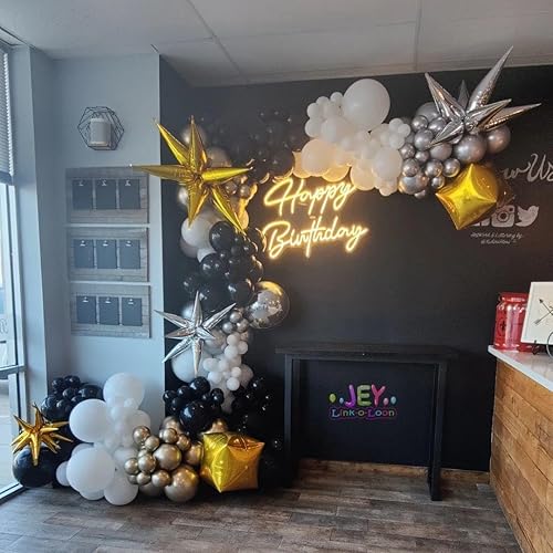 Miniatura 4 de Kit de arco de guirnalda de globos negros y dorados, 185 globos de látex con confeti de estrella en explosión negro blanco y dorado metálico para