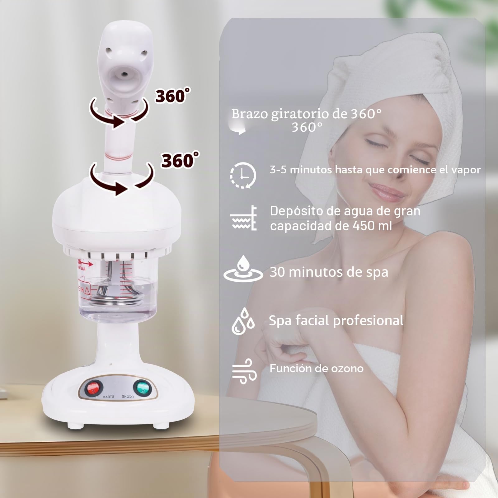 Vaporizador Facial Spray SPA Facial de Nano Iónico Hogareño, Destapar Poros, Humidificador Atomizador de Niebla Caliente, multifunción, con boquilla giratoria de 360 grados
