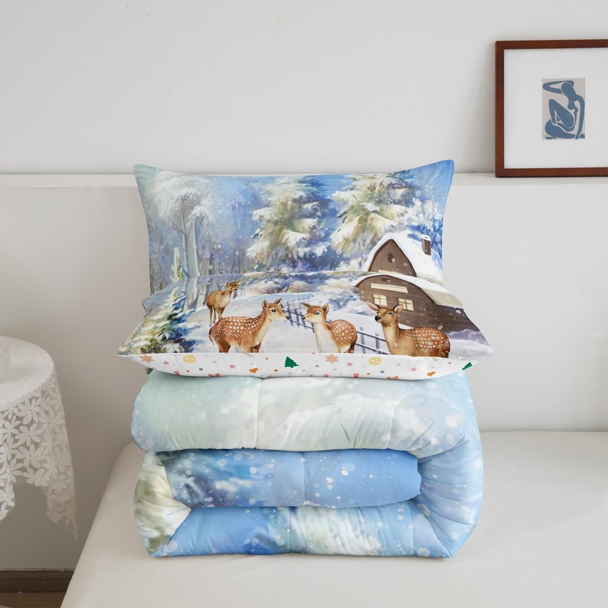 Erosebridal Christmas Comforter Set Queen, Blue Snow Mountain Bedding for Kids Girls Bedroom, Festival Deer Reindeer Bedding Comforter Sets Snowflake Decorations Quilt Set with 2 Pillowcases