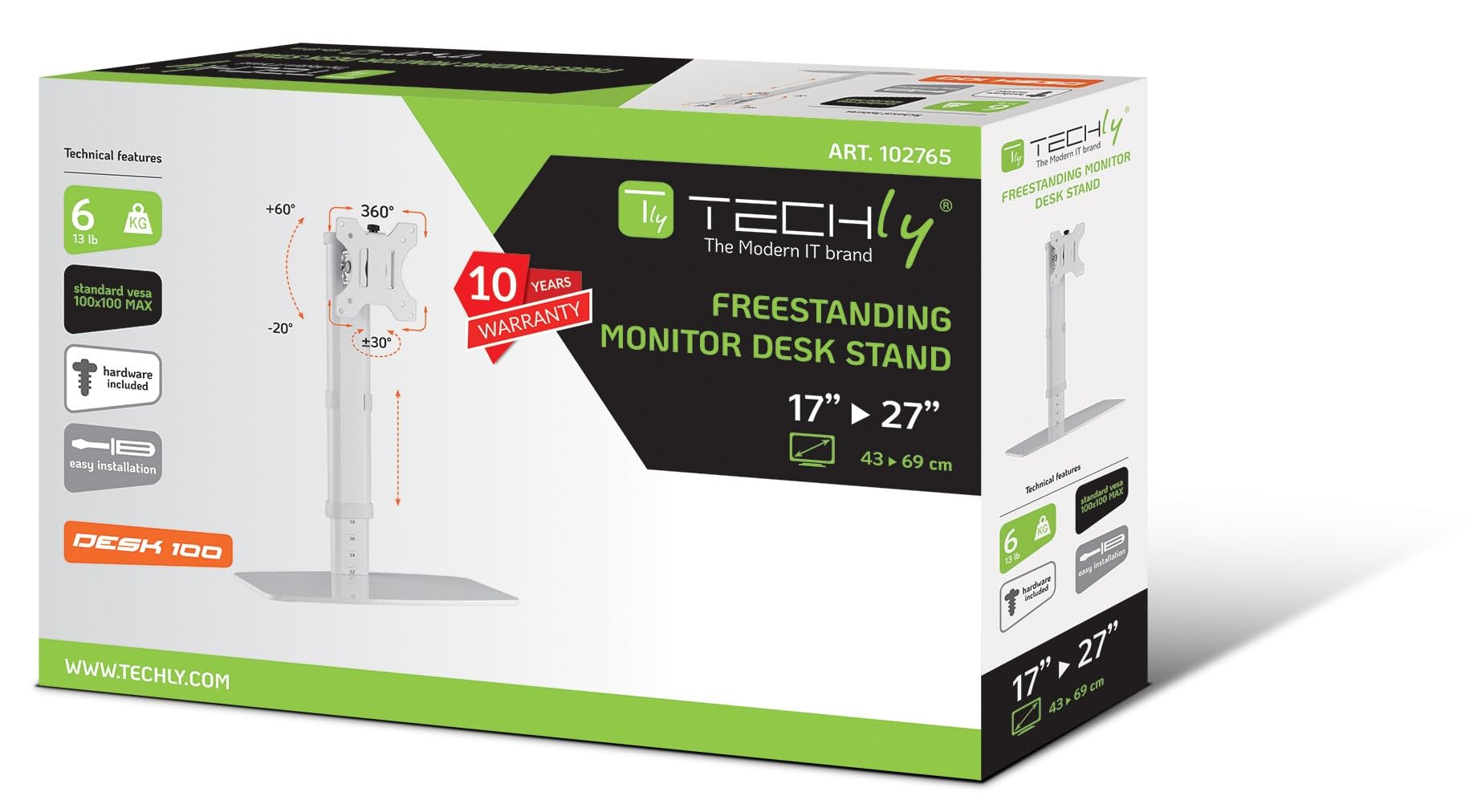 Techly 102765 Supporto da Tavolo Stand per Monitor 17-27" con Base Bianco