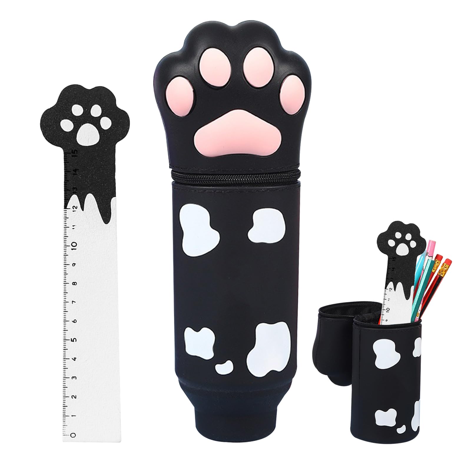FOSDICK Cat Paw Pencil Case Kawaii, 2 in 1 Stand Up Cute Pencil Cases, Soft Silicone Cat Paw Pencilcase, Retractable Cartoon Pen Holder Zipper Closure, Pencilcases for Boys Girls Teenage, with Ruler