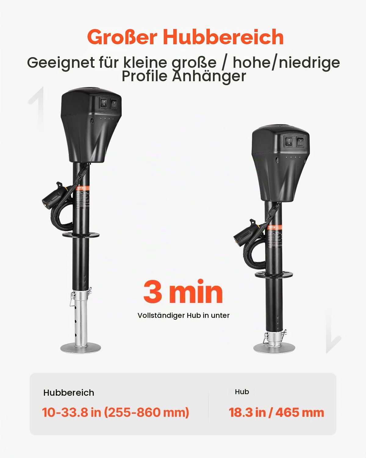 VEVOR Elektrischer Anhängerheber, 2267 kg, Wohnmobil-Anhängerstütze mit 7-poligem Stecker, manueller Kurbel & Wagenheberabdeckung, 255-860 mm Hub, für Anhänger, Wohnmobile & Wohnwagen, schwarz