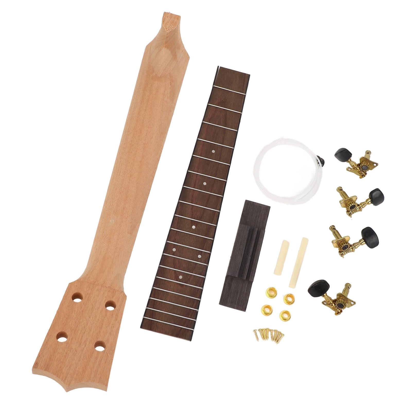 Kit de Manche de ukulélé, Touche en Palissandre, Kit D'assemblage de Manche de ukulélé Artisanal avec Bouton de Corde et Ensemble de Chevalet pour les Amateurs D'instruments de