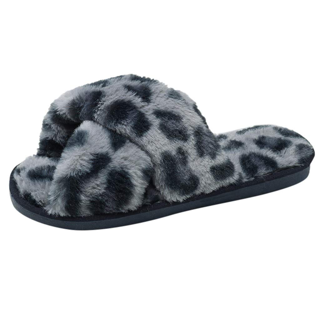 Slippers Women Ladies Leopard Print Open Toe Soft Plush Faux Fur Indoor Shoes