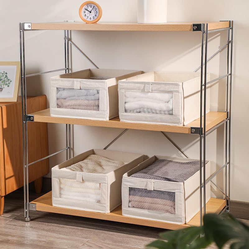 Miniatura 7 de Coloch Paquete de 6 contenedores de almacenamiento de lino con ventana transparente, caja de almacenamiento plegable para armario, organizador de